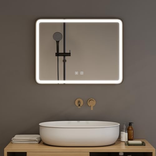 Warmiehomy Rectangular Bathroom Mirror with Lights,50x70cm Illuminated LED Bathroom Mirror with Dimmable Light Demister Pad Touch Switch,Black