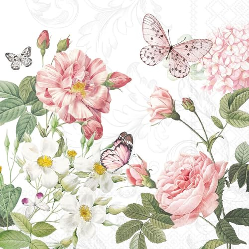 Ambiente Servietten Papier 33x33cm 3-lagig 20 Stück - hochwertig & nachhaltig - Einweg Papierservietten mit Rosen Garten Motiv in zarten Farben Tischdekoration Bastelarbeiten Decoupage