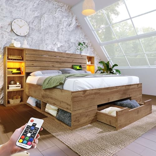 Zepneiy Lit 180x200 avec sommier à Lattes en Bois, Lit Coffre 180x200 avec tête de et tiroirs Rangement, avec éclairage LED et USB C, Cadre de en Bois Massif Chêne (sans Matelas)