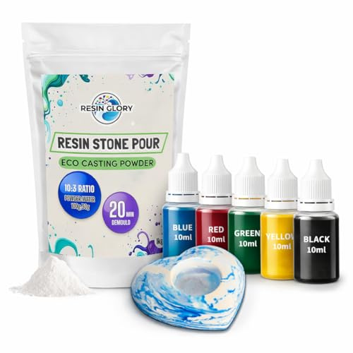 RESIN GLORY Eco Casting Kit – 1kg Water-Based Resin Casting Powder with 5-Color Liquid Pigments (10ml Each) – Non-Toxic Jesmonite-Style Kit for Trays, Coasters, Terrazzo, Marble & DIY Craft Moulds