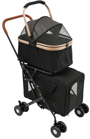Hundewagen 2 Etagen Faltbar mit 2 Abnehmbaren Transportboxen, Haustierwagen für 2 Hunde oder Mehrere Katzen bis 35kg, faltbarer Kinderwagen für kleine und mittelgroße Hunde, 46x58x97 cm, Schwarz