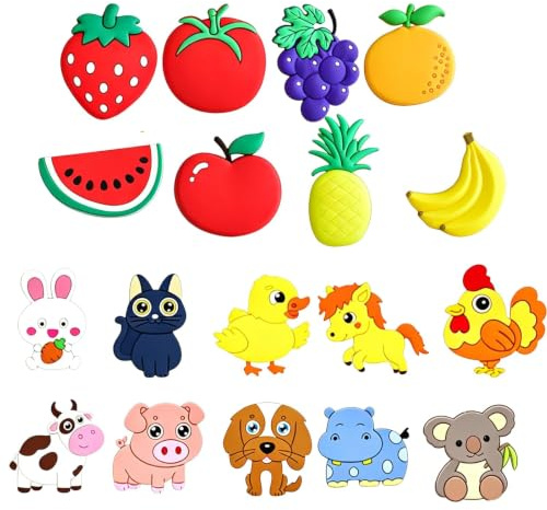 18Pcs Fridge Magnets for Kids Fridge Magnets Animal and Fruit Magnetic Toys | Cute Cartoon Magnetic Animals and Fruit for Magnetic Surfaces Such as Fridge, Suitable for Kids Montessori Educational