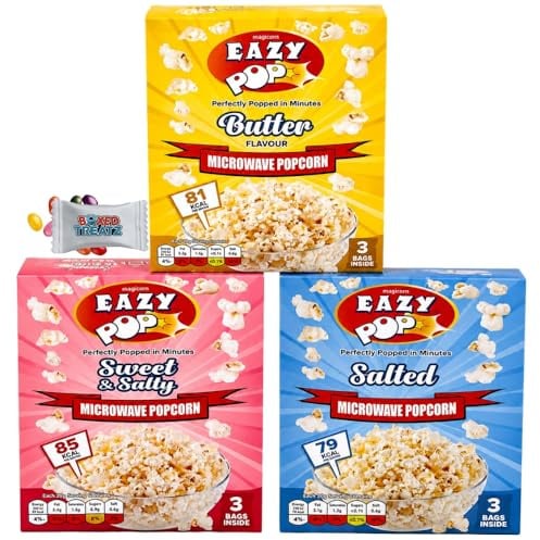 Eazy Pop Microwave Popcorn Variety Pack 9 Bags (3 Boxes) – Butter, Salted & Sweet & Salty Flavours | Microwave Popcorn Selection Bundle | Vegetarian Snack Boxed Treatz