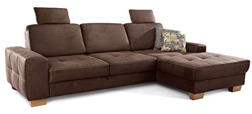 Cavadore Ecksofa Puccino mit Federkern, Bettfunktion, verstellbarer Rückenlehne und 2 Kopfstützen / Couch in L-Form im Landhausstil / 281 x 86 x 178 cm / Mikrofaser braun