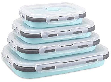 DUBENS Silikon Faltbare Frischhaltedosen 4 TLG, faltbar, für Lebensmittel Aufbewahren, Einfrieren und Erwärmen, Lunchbox/Bento, mikrowellen, spülmaschinen, gefrierschrank, ofenfest (Blau)