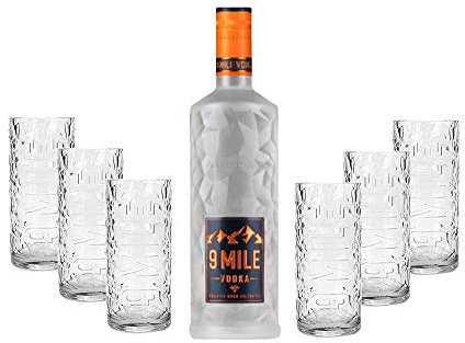 9 Mile Vodka Wodka 0,7l (37,5% Vol) + 6er Set 9 Mile Longdrinkglas/Longdrink Glas/Gläser Set - 6x Longdrinkgläser aus Glas - [Enthält Sulfite]