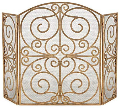 FYZS Funkenschutzgitter European Style Funkenschutz Messing Kamin Bildschirm 3-Panel Holz Feuer Funkenschutz Faltbar, Scroll Design, 33 Zoll Groß for Innen/Außen