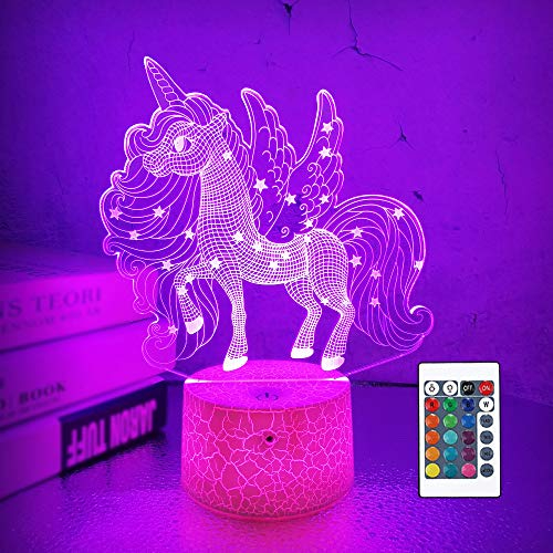 CooPark Einhorn Mädchen Lampe, 3D Illusions Nachtlicht mit 16 Farbwechseln und Fernbedienung, Zuhause, Nachttischdekoration, Weihnachten, Geburtstag, erstaunliche Geschenke für Babys, Kinder, Mädchen