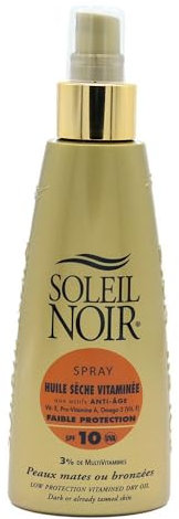 Soleil Noir - Huile Sèche Vitaminée SPF10 Faible Protection - Peaux Mates et Bronzées - Vitamines et Huiles Nobles - Fabrication Française - Flacon Pompe, 150 ml