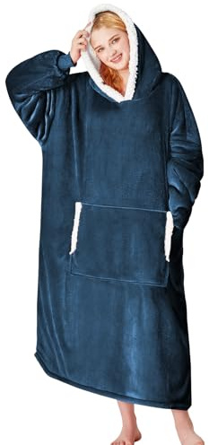 yescool Übergroße tragbare Decke Hoodie, Flanell Sherpa Fleece Decke Sweatshirt für Erwachsene Frauen Männer, Tasche und Ärmeln, Einheitsgröße (Marineblau)