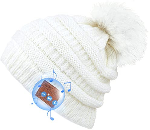 Vegawumen Bluetooth Mütze mit Kopfhörern Bluetooth Beanie mit Bommeln Damen Geschenke für Teenager, mit Kopfhörer & Lautsprechern Weihnachten Geschenk für Mutti Frauen (Weiß)