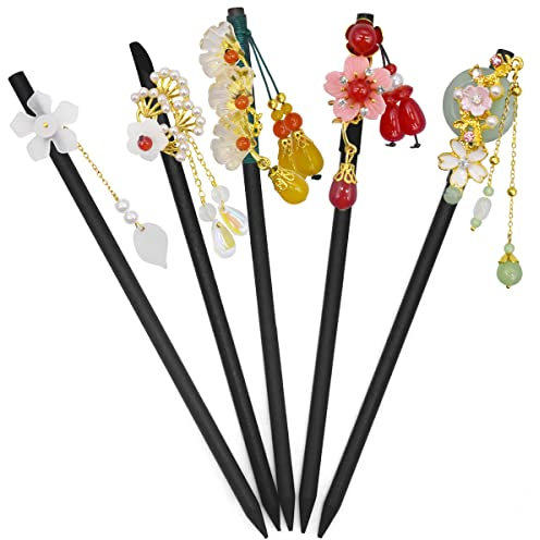saijer Bâtonnets De Cheveux,5 PCS Bâtons Cheveux En Bois Pique À Chignon Bâton Décoration Robe Chinoise Baguettes Fleur pour Accessoire 5 Style