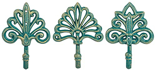 Sungmor Cast Iron Decorative Wall Hooks, 3PC Antique Green Large Heavy Duty Wall Mounted Hanging Hooks, Unique Pretty French Country Style Farmhouse Wall Decor Hangers for Coats, Scarfs, Bags, Towels