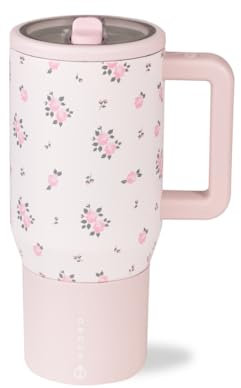 HydroJug Traveler - 20 oz Water Bottle with Handle & Flip Straw - Fits in Cup Holder, Leak Resistant Tumbler-Reusable Insulated Stainless Steel & Rubber Base - Gifts for Women & Men, Wildrose