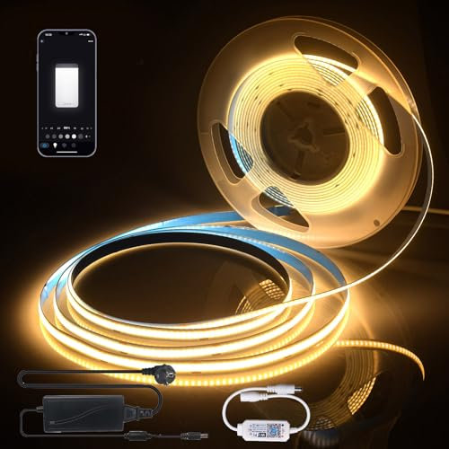 Striscia LED COB WiFi 5M Bianco Caldo con Alimentatore,Set di Striscia DIY LED COB Dimmerabili 3000K,12V 512LEDs/M Controllo APP Tempismo,Compatibile con Alexa/Google Home