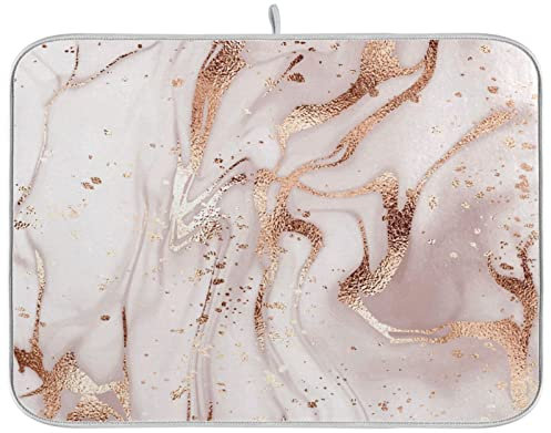 ALAZA Polyester Dish Drying Mat Absorbent Drying Mat for Kitchen Counter 16 x 18 inch Rose Gold Marble Dish Dry Mat Pad with Hanging Loop