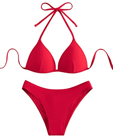 GORGLITTER Damen Push Up Bikini Sets Triangel Bademode Neckholder Swimsuit Zweiteiligwe Badeanzug Rot XS