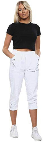 CherryBerry Women Ladies Elasticated Cotton Stretch Capri Cropped 3/4 Trousers UK 10-22 Size (622-WHITE-T5-UK 16)