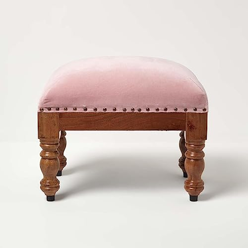 Homescapes Samthocker rosa 50x30 cm, rechteckiger Hocker mit Holzbeinen, Polsterhocker Baumwollsamt