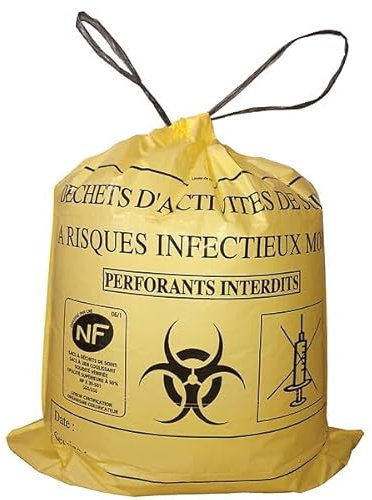 Sacs pour déchets d'activité de soins à risques infectieux (DASRI) norme NFX 30-501 110l coloris jaune rouleau 25 sacs