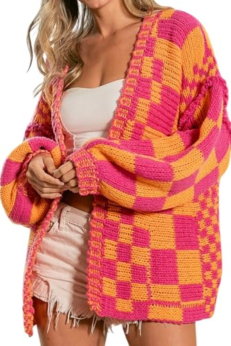 SELINK Damen-Strickjacke, Vintage-Stil, vorne offen, gemischtes Karomuster, Grobstrick, kariert, langärmelig, tägliche Outwear
