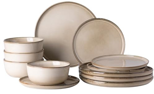 GBHOME GBHOME Ceramic Dinnerware Sets for 4, 12 Pieces Stoneware Plates and Bowls Sets, Chip and Scratch Resistant Dishes, Dishwasher & Microwave Safe, Reactive Glaze-Cappuccino, (GDW067)