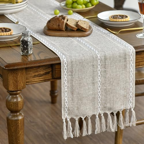 Artoid Mode Boho Latte Beige Landhausstil Quasten Tischläufer, Waschbar Tisch Dekoration Party Geburtstag Valentinstag Hochzeit Dekor 33x183 cm