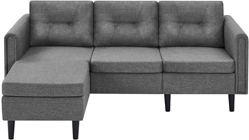 costoffs 3-Seater Sofa with Ottoman Footstool Versatile L-shaped Chaise Lounge Sofa Fabric Upholstered Corner Sofa for Living Room Light Gray