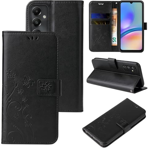 LBH Handy Hülle für Samsung Galaxy A05s Case Handytasche Schmetterling Blumen Flower Standfunktion Schutzhülle Magnet Rundum Schutz 360 Grad Flipcase Cover Schwarz