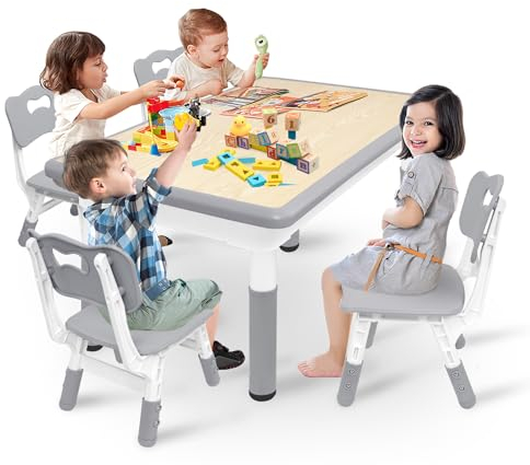 LZQ Kindertisch mit 4 Stühlen, Kindersitzgruppe Höhenverstellbar, Kindertischgruppe, Tisch Stuhl Set für Kindergarten und Kinderzimmer, Plastik Kindermöbel, Sitzgruppe für Jungen Mädchen ab 2 Jahre