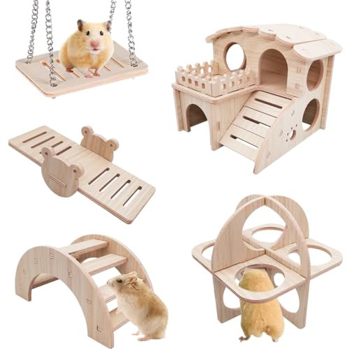 PHIEZC 5er-Pack Hamsterkäfig aus Holz, Hamsterspielzeug, Meerschweinchenspielzeug, Hamsterverstecke, Trainingsspielzeug für Hamster, Zwerghamster, Kleintierspielzeug