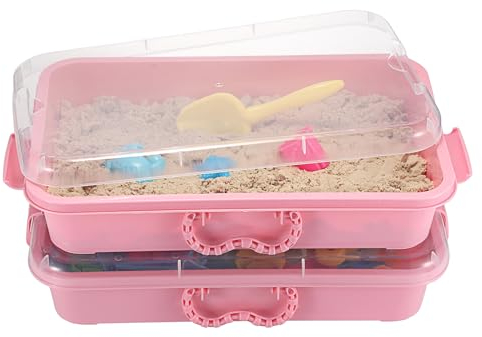 OGANAZI Lot de 2 petits bacs à sable portables avec couvercle et poignées en plastique pour intérieur (rose)