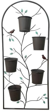GQJNHUI Wandgartengitter for Kletterpflanzen, 134 X 57 cm Wandpaneel, Eisen Rankgitter, Äste Und Vogeldekorationen, 5 Metalleimer, for Kletterpflanzen, Blumen, Rosen, Clematis