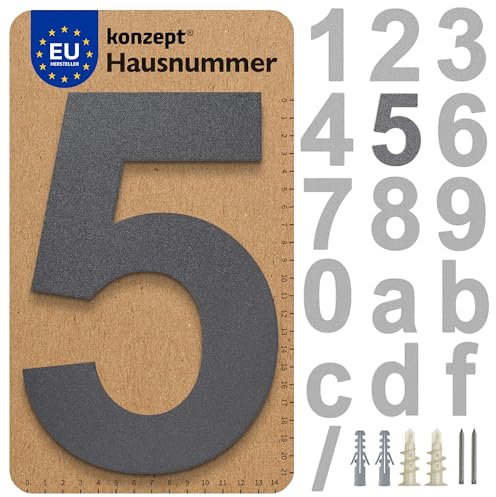 KONZEPT Numero civico in antracite, Numero 5, per porta, edificio, stanza, in acciaio massiccio, con rivestimento resistente alle intemperie in zinco e vernice a polvere