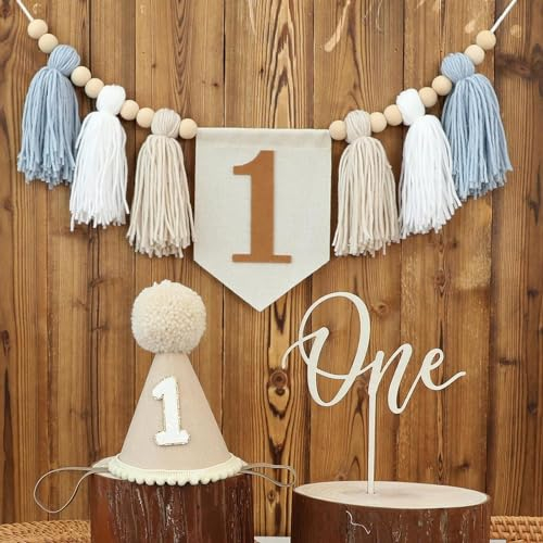 1st Birthday Highchair Banner Decorations For First Boys Khaki Cone Hat With One Cake Topper Photo Backdrop (Khaki)