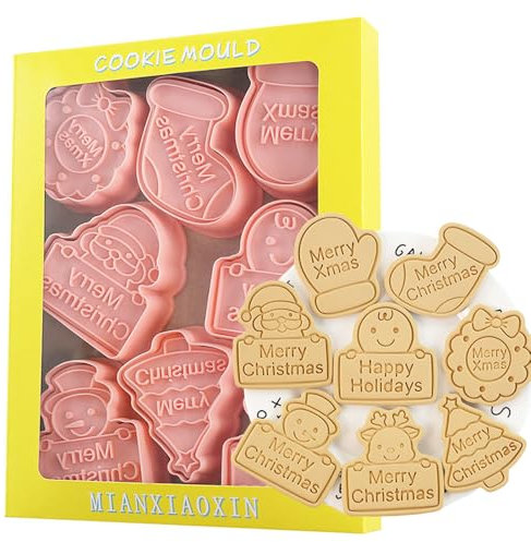 8 PCS Christmas Cookie Cutter Set 3D Christmas Cookie Stamps Including Christmas Tree, Snowman Santa Claus Snowflake Merry Christmas, L
