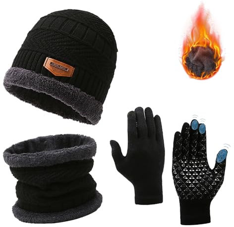 QIANCSJ Wintermütze und Loop Schal Touchscreen Handschuhe Set für Damen und Herren, Warme Beanie Mütze 3-in-1 Set für Outdoor Sport