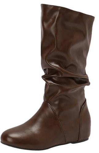 rismart Donna Stivali Morbidi Cerniera Metà Polpaccio Cuneo Nascosto Pelle PU Scarpe Invernali Marrone,40.5