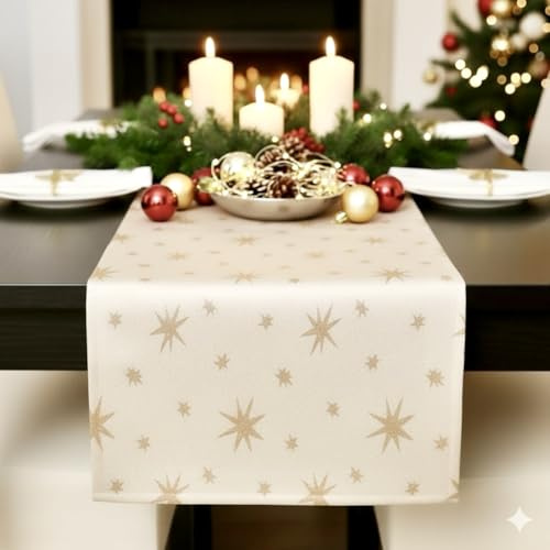 Tischläufer | Ostern/Pfingsten/Weihnachten | Lurex Sterne | Tischband | Tischdeko (Champagner/Gold, 40x140 cm)