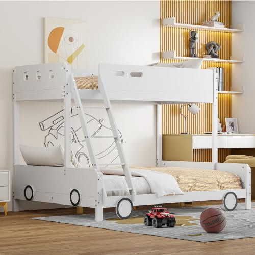 AUJDKDH Etagen-Kinderbett aus Holz, oberes Bett 90 * 200cm, unteres Bett 140 * 200cm, Kinder-Familienbett, Etagenbett, Massivholzrahmen, Autoform, Weiß.