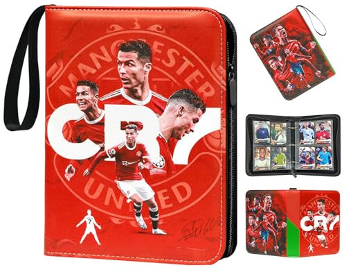 Oirigaga Fussball Sammelkarten Album für 400 Karten, 4 Taschen Fußball Karten Sammelalbum Sammelmappe Sammelheft mit Reißverschluss Tragegriff und 50 Hüllen, Karten Heft Ordner, Wasserdicht PU-Leder