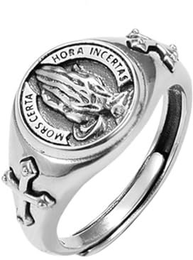 KONFEN Betende Hände Herren Ring, Wikinger Verstellbare Geschnitzte Ringe für Männer Hypoallergenes Material, Kreuz Vintage Hip Pop Gothic Punk Klassisch Einzigartige Textur Herrenschmuck, Silber