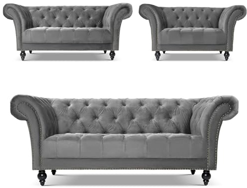 Bravich Chesterfield Grey Velvet Sofa Suite, Armchair, 2 and 3 Seater Set, Living Room Furniture, Classic Button Back, Solid Wood Frame, 3 Piece Collection