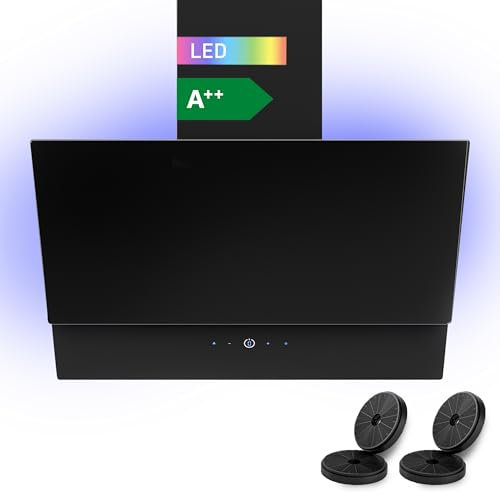 HEINRICHS Dunstabzugshaube, 60cm Abluft/Umluft-Dunstabzugshaube, 560m³/h Saugkraft, mit LED-Ambientebeleuchtung, platzsparend, 3 Geschwindigkeitsstufen, inkl. Aktivkohlefilter, 75W Leistung, Schwarz