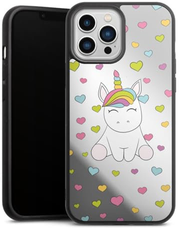 Mirror Case kompatibel mit Apple iPhone 13 Pro Max Spiegel Handyhülle Hülle aus Glas Einhorn Herz transparent