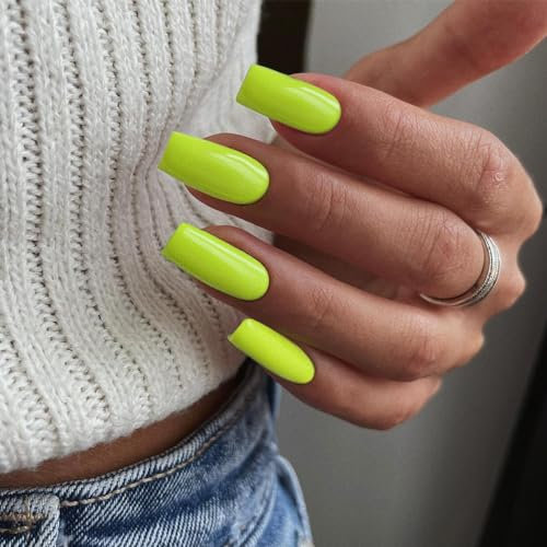 KQueenest Press On Nails Lange Mandel Eckig, Sarg Nägel zum Aufkleben Neon Grün, Glänzende Jelly-Gel Fake Nails Fingernägel zum aufkleben Ballerina, Einfarbig Acryl Kunstnägel für Frauen, 24 Stück