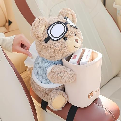 ZTMHRG Papelera de coche 2 en 1 con osito de peluche, papelera multifuncional con un bonito animal para los asientos delanteros y traseros del coche