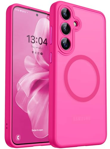 CANSHN Coque Magnétique pour Samsung Galaxy S24(6,2 Pouces), [Protection Complète de l'appareil Photo] Housse Fond Mat Translucide,Rose Vif