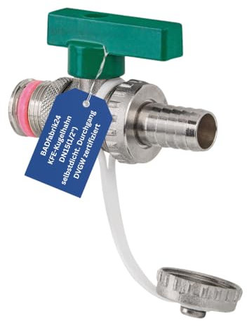 BADfabrik24 KFE-Kugelhahn DN 15 (½) – selbstdichtend, mit Kontermutter – DVGW-zertifiziert – für Trinkwasser geeignet – Schlauchtülle mit Blindkappe – Messing CW617N