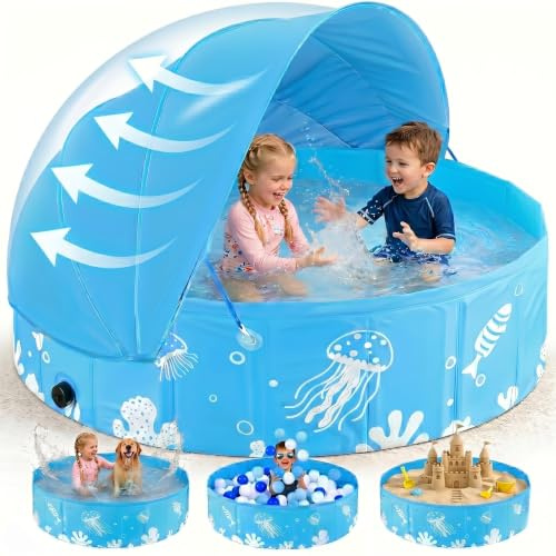 ROMIVO Foldable Kiddie Pool with Canopy, 47 in, Non-Inflatable, Blue